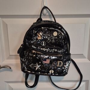 Black Sequin Backpack with Patches